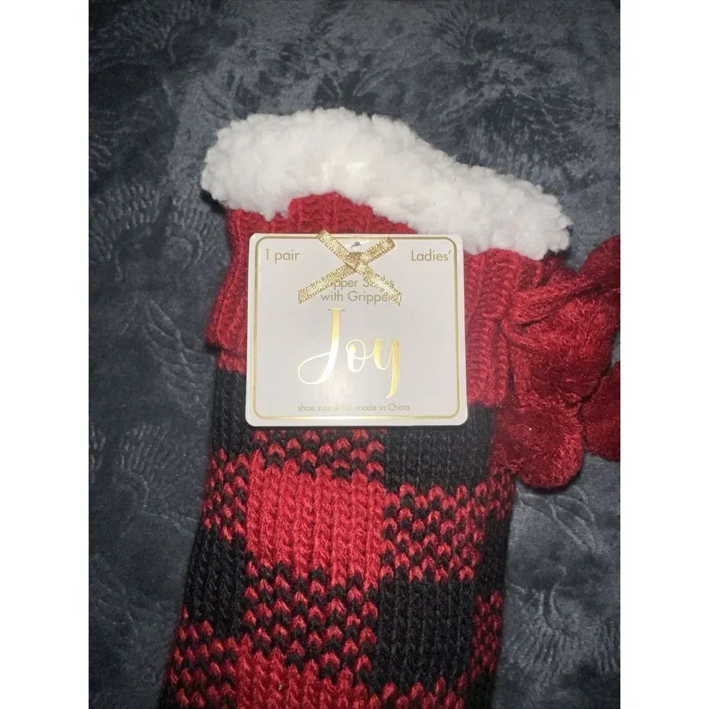 Women's Slipper Socks Buffalo Check Plaid Sherpa Lined  Red/Black Size 4-10. N